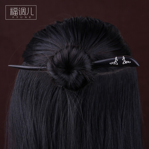 Fu Tiaoer hand-designed 925 silver leaf hairpin for women Hanfu plate black sandalwood hairpin hairpin Chinese Valentine's Day gift 1
