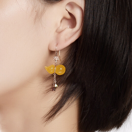 Ouchini beeswax earrings, natural chicken fat, yellow gourd, amber, 18K gold with diamonds, women's model (ready for shipment)