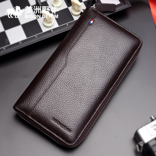 American Bison Card Holder Men's Multiple Card Slots Long Men's Wallet Business Card Holder Genuine Leather Zipper Card Holder Driver's License Cover Wallet Brown