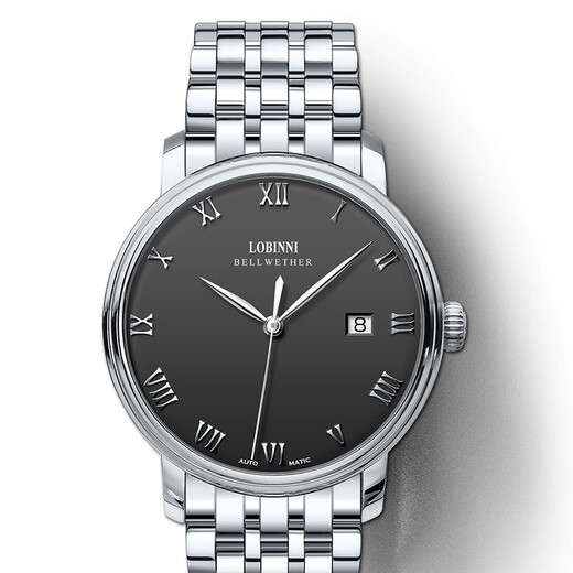 Lobinni Herrenwache Vollautomatisch mechanische Herren -Uhrengeschäft Einfacher Gürtel Waterdes Schweizer Stil Watch 12033 [Qualitätsauswahl] Silberschale Schwarzstahlgürtel