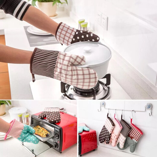 DOLO colorful thickened high temperature resistant gloves, thermal insulation, non-slip and anti-scalding, special gloves for kitchen microwave oven, price of 2, No. 10 beige plaid (2 pcs)