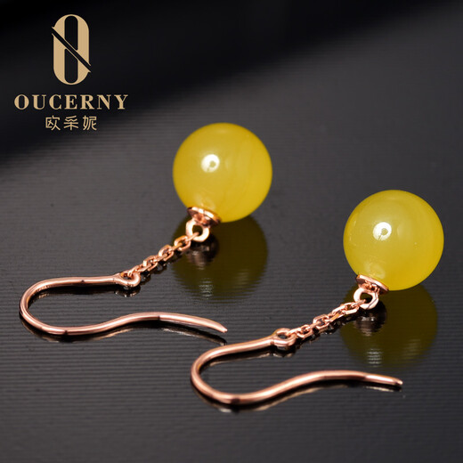 Ou Ceni natural amber earrings, 18k gold inlaid chicken fat yellow beeswax earrings, full honey round bead earrings for women (sold in stock, needs 7-10 working days for customization)