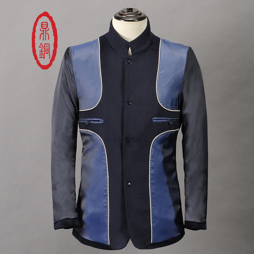 Ding Bronze, chaqueta de invierno para hombres de mediana edad, chaqueta de lana, chaqueta corta de manga larga, collar de soporte delgado de negocios masculino, tapa de lana de un solo pecho de color sólido, ropa casual, azul (100% lana) 170