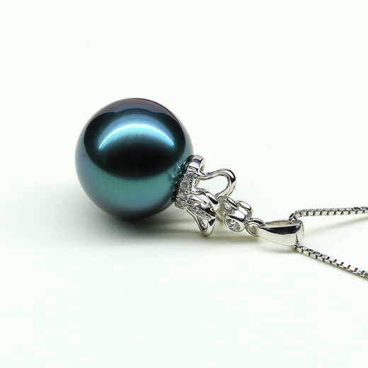 Jane 18K gold diamond crown Tahitian black pearl pendant, round seawater pearl necklace pendant, fashionable and light luxury, black and green flawless 12-13MM