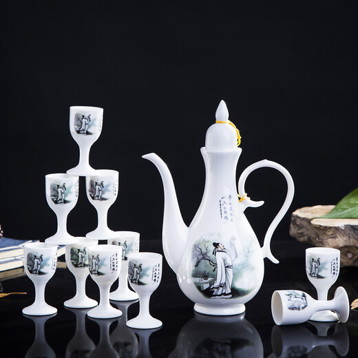 Shengtianxia Jingdezhen ceramic wine pot, Chinese blue and white porcelain wine set, traditional pouring wine pot, wine glass, white wine wine set, goblet, 1 pot, 10 cups, Li Bai poet-wine set-1 pot, 10 cups, safe and shock-proof packaging