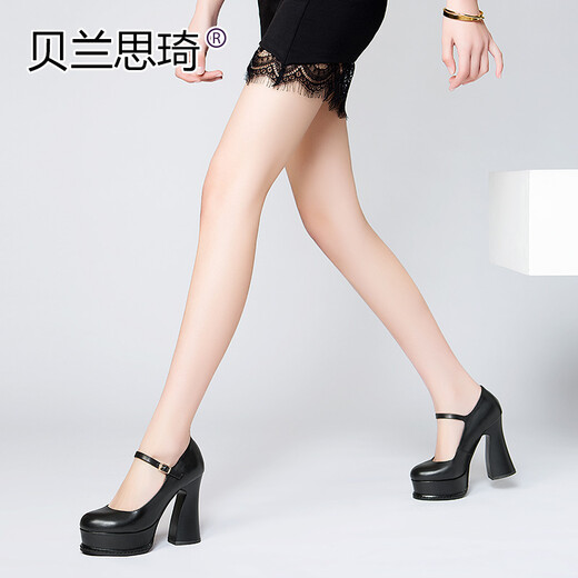 Belan Siqi Spring y Autumn New Style Cow Wide One-Strip Round Toe Impermevia Talón grueso Shoes Single Heels High Sombe Black 37 Black 37