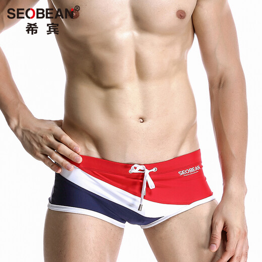 Hibbing (SEOBEAN) men's briefs swimming briefs small boxer sports chlorine-resistant high elastic comfortable low-waist tight sexy hot spring swimming trunks red with dark blue L