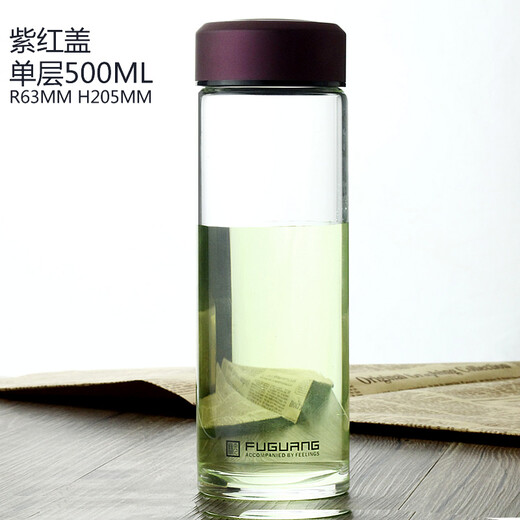 富光单层玻璃杯大容量500ML 男女家用办公泡茶杯 透明带盖防漏1416 墨蓝色无滤网 500ml