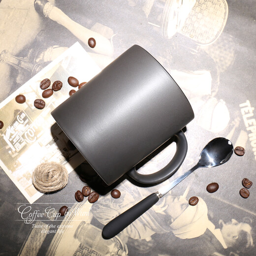 Mud-free (WUNI) European-style matte black matte mug with spoon lid high-end large-capacity ceramic water cup creative coffee cup black matte mug single cup