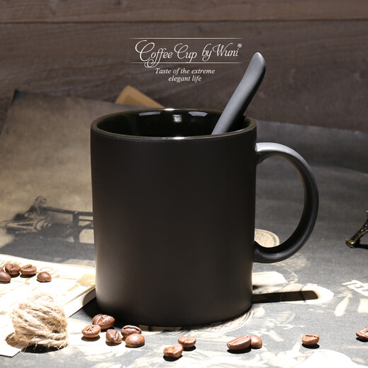 Mud-free (WUNI) European-style matte black matte mug with spoon lid high-end large-capacity ceramic water cup creative coffee cup black matte mug single cup