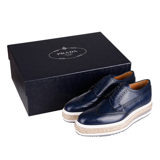 PRADA Men's Ultramarine Blue Cowhide Thick-soled Lace-up Fabric Trim Fashion Casual Shoes 2EG015 B4L F073A Size 6.5/40.5