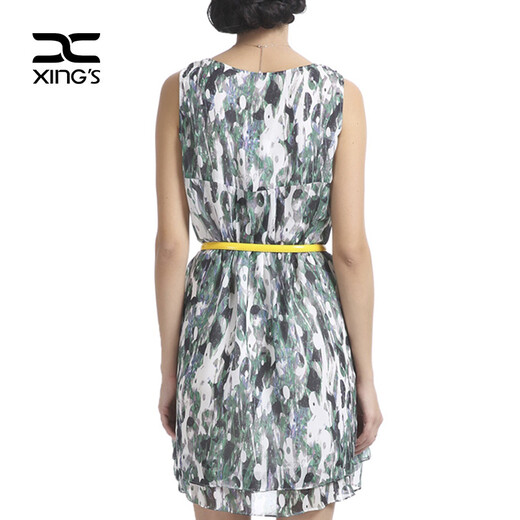 Ropa para mujeres de Xing, vestido de verano, falda estampada de ajuste delgado, falda media sin mangas, estampado verde 12162 3xl/46 (170/108b