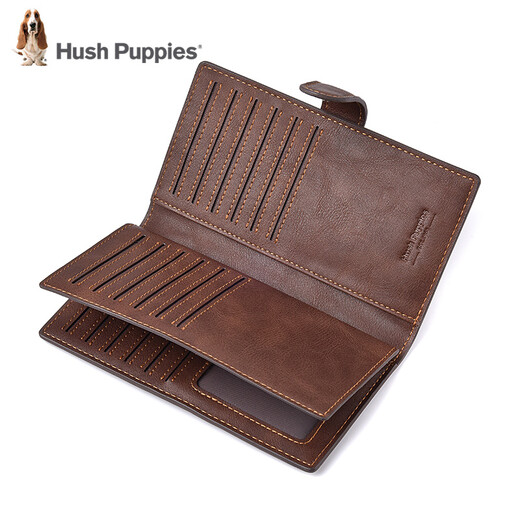 暇步士（Hush Puppies）男士卡包大容量竖款多卡拉包PU皮三折薄银行卡包票夹 啡色