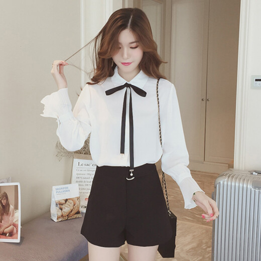 JOYOFJOY Jingdong Women's Clothing 2020 Spring Fashion Korean Style Long-Sleeved Chiffon Shirt with Bow Knot Women's Bell Sleeve Top JWCC178842 White L