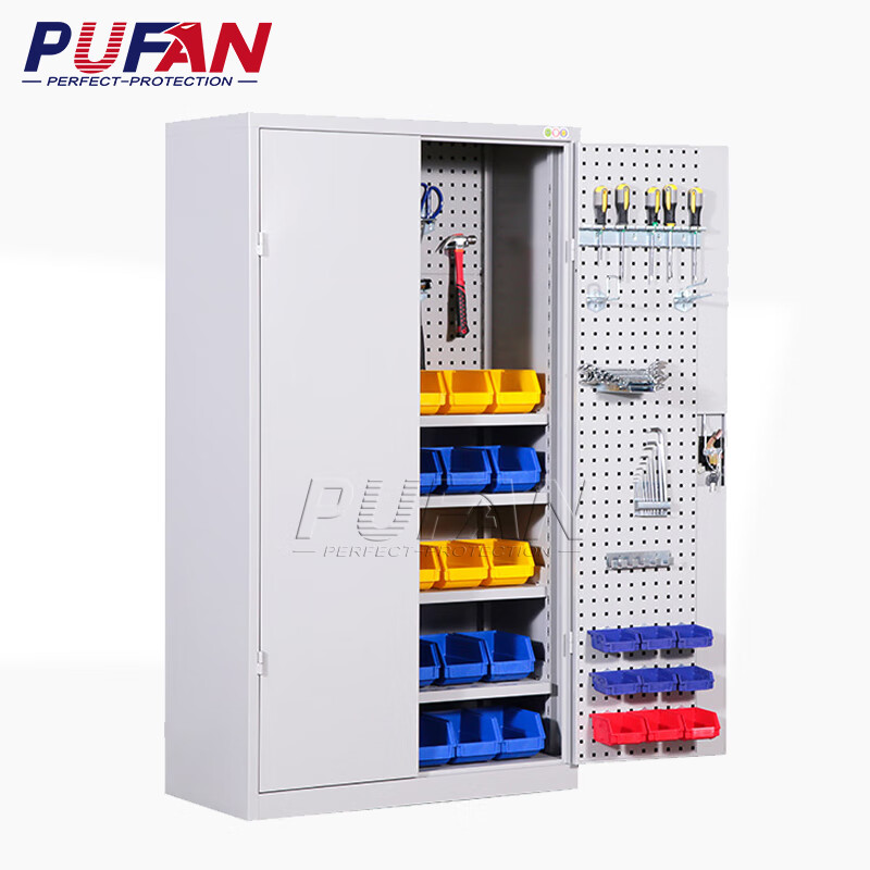 PUFAN tool cabinet workshop tool storage cabinet with hanging plate steel storage cabinet gray and white mesh three draw belt accessories package one