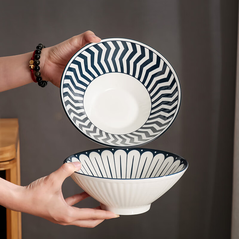 Hegawawu ceramic soup bowl large household large noodle bowl Japanese underglaze color 8-inch large bowl bamboo hat bowl 4 pieces in mixed colors