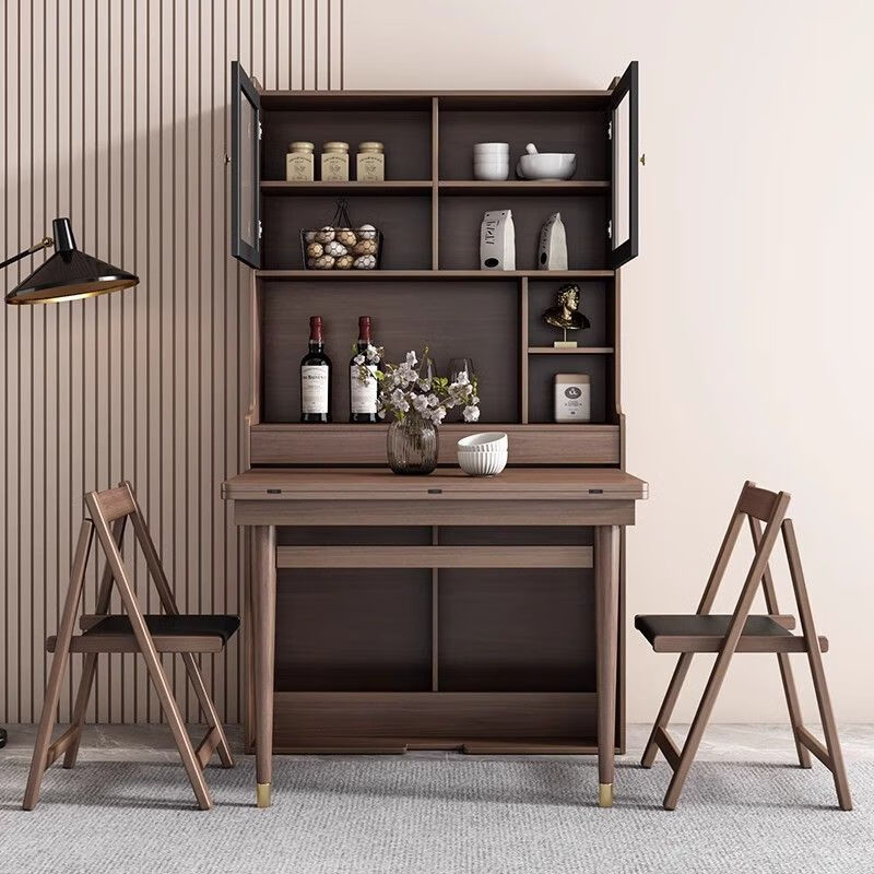 Ruffman folding dining table and sideboard integrated simple modern light luxury wall-mounted retractable dining table folding table and sideboard + solid wood dining chairs *4 (gentleman