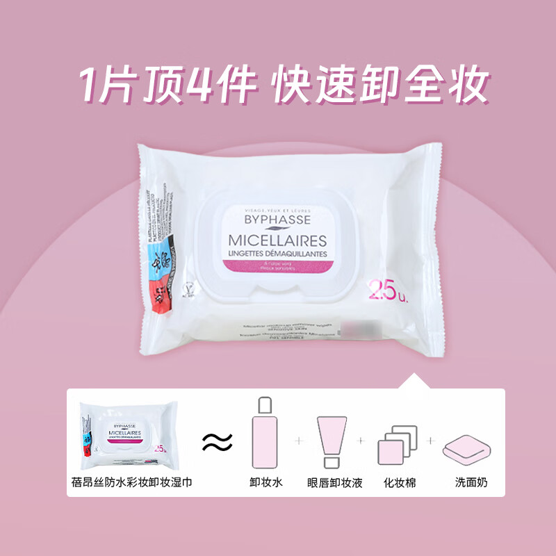 BYPHASSE BYPHASSE makeup remover wipes 25 pieces * 2 pack clean and non-irritating eye and lip moisturizing birthday gift for women