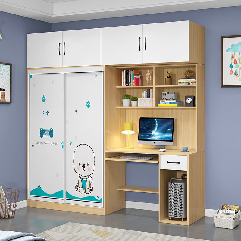 Small bedroom wardrobe with study table desk bookshelf computer desk combination solid wood sliding door integrated corner dressing table total length 1.6 meters (80 wardrobe + 80 table + top cabinet) white