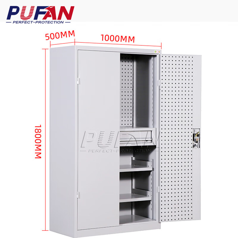 PUFAN tool cabinet workshop tool storage cabinet with hanging plate steel storage cabinet gray and white mesh three draw belt accessories package one