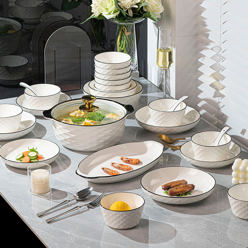 Guanpu bowl and dish set household Jingdezhen bowls high-value ceramic bowls and plates bowls and chopsticks plate set housewarming tableware set diamond pattern 12 people food (soup pot configuration) 63-piece set