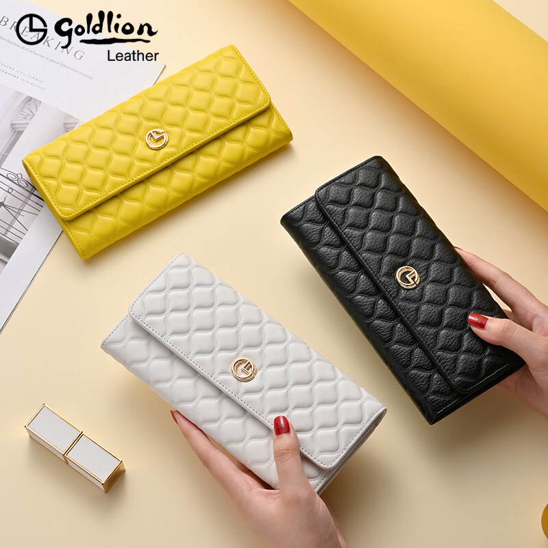 Goldlion Women's Wallet Long 2025 Summer New Genuine Leather Multifunctional Large Capacity Wallet Fashion Popular Clutch Women White