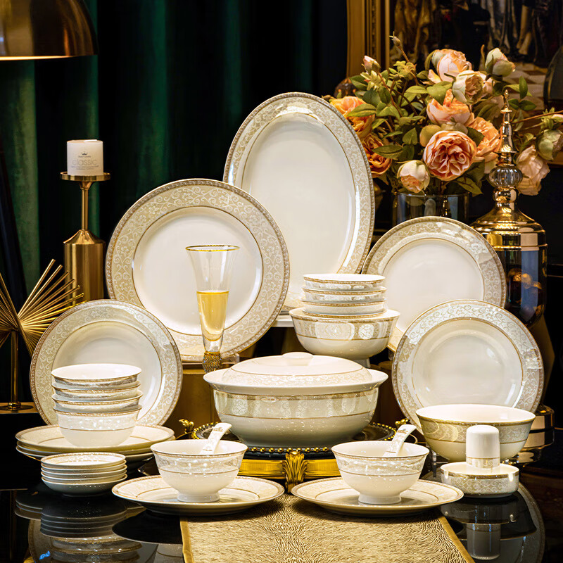 NINE CRANES Jingdezhen tableware set, housewarming gift, ceramic bowl and plate set, household light luxury porcelain bowl and plate set, suitable for microwave oven, 10-person accessory pot, 56-piece set