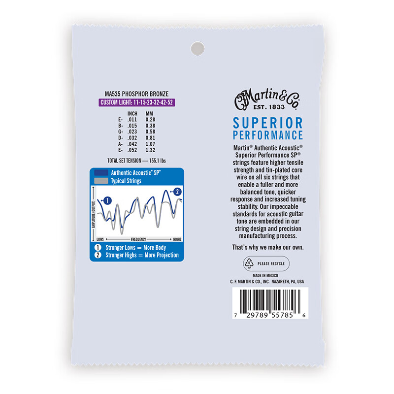 MARTIN Guitar Strings Folk Strings Complete Set of Acoustic Guitar Strings MA535 Phosphor Bronze (011-052)