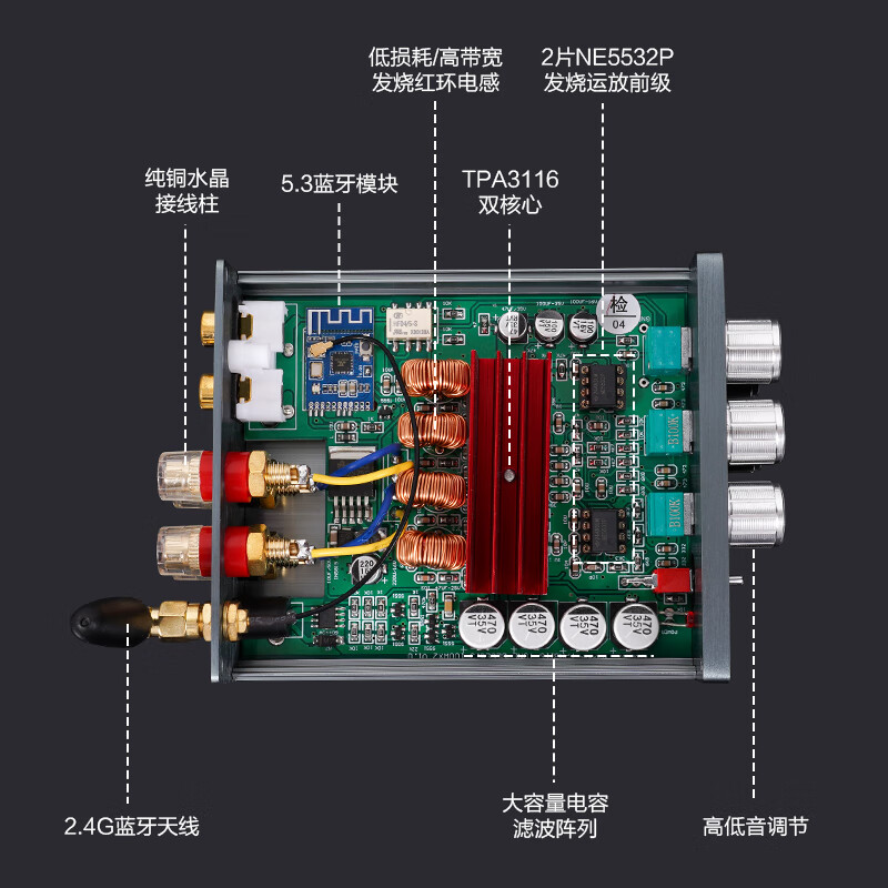 BRZHIFI BL53A TPA3116 2.0 stereo channel digital high-power amplifier, home desktop car 100W*2 red ring inductor, Bluetooth 5.3 input, complete amplifier + 3.5 to RCA signal cable (power supply not included)