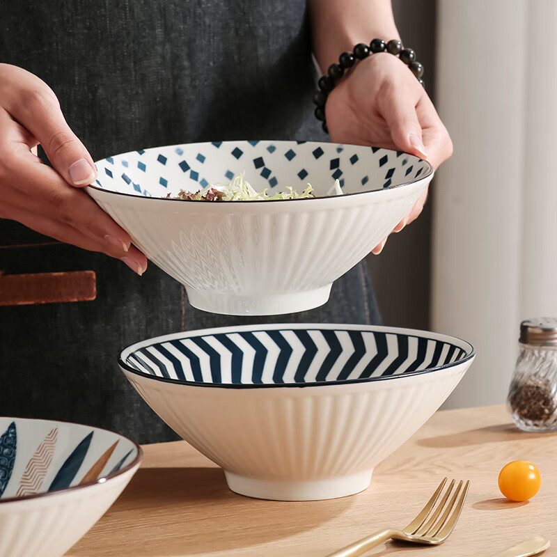 Hegawawu ceramic soup bowl large household large noodle bowl Japanese underglaze color 8-inch large bowl bamboo hat bowl 4 pieces in mixed colors