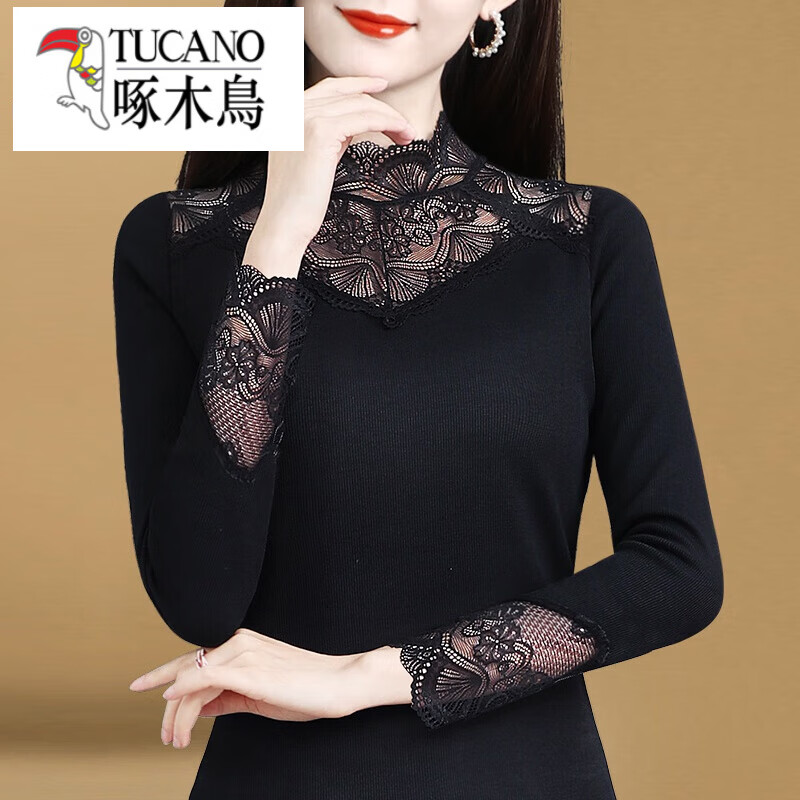 Woodpecker (TUCANO) Lace Bottoming Shirt Women's Autumn and Winter Fashionable and Western 2025 New Long-Sleeved Inner Warm Shirt Plus Velvet Thickened Top Black Lace Plus Velvet L
