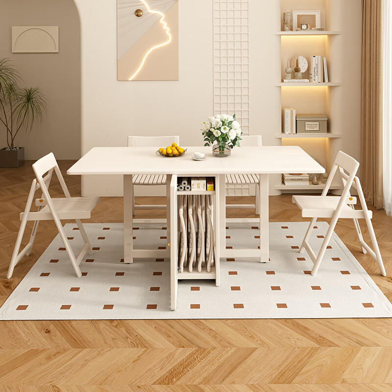 Tan Hua Xuan all solid wood folding dining table and sideboard integrated small apartment cream style dining table with lights and wheels white oak table 1.4m folding dining table + folding leather chairs x4