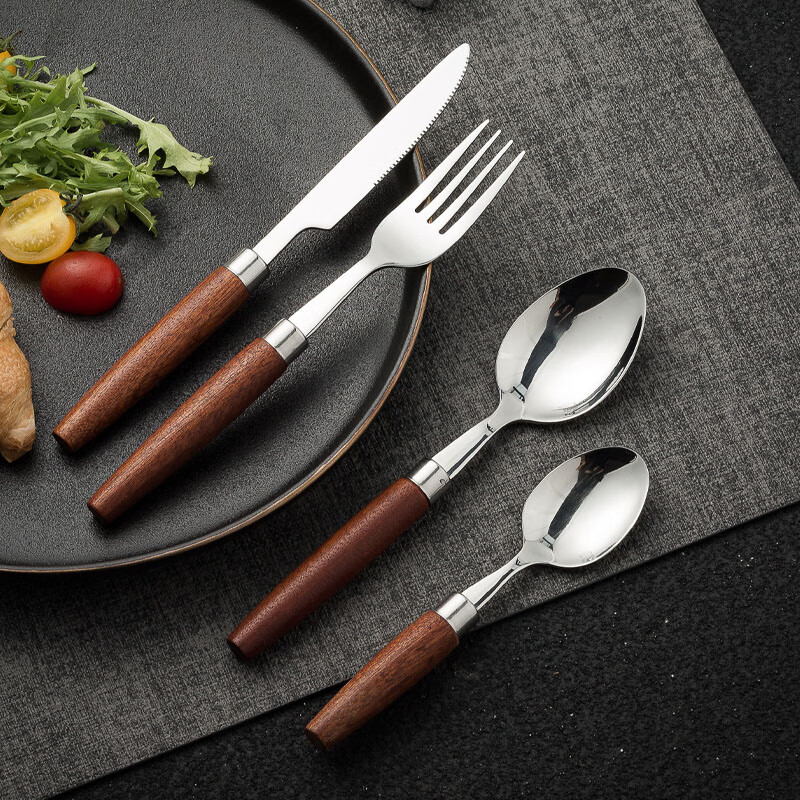 Aoki Shangci Japanese retro solid wood steak cutlery 4-piece set of knives, forks and spoons 304 stainless steel cake knives and forks two-piece set high-end two-piece knife and fork set