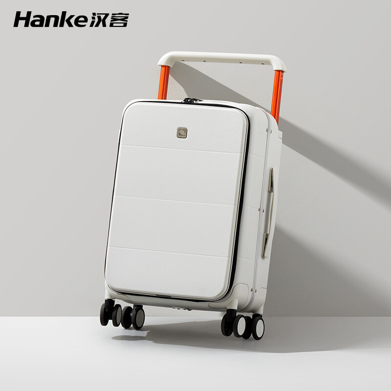 Hanker wide trolley suitcase aluminum frame men's front opening trolley suitcase women's suitcase large capacity 24-inch smoke white password box
