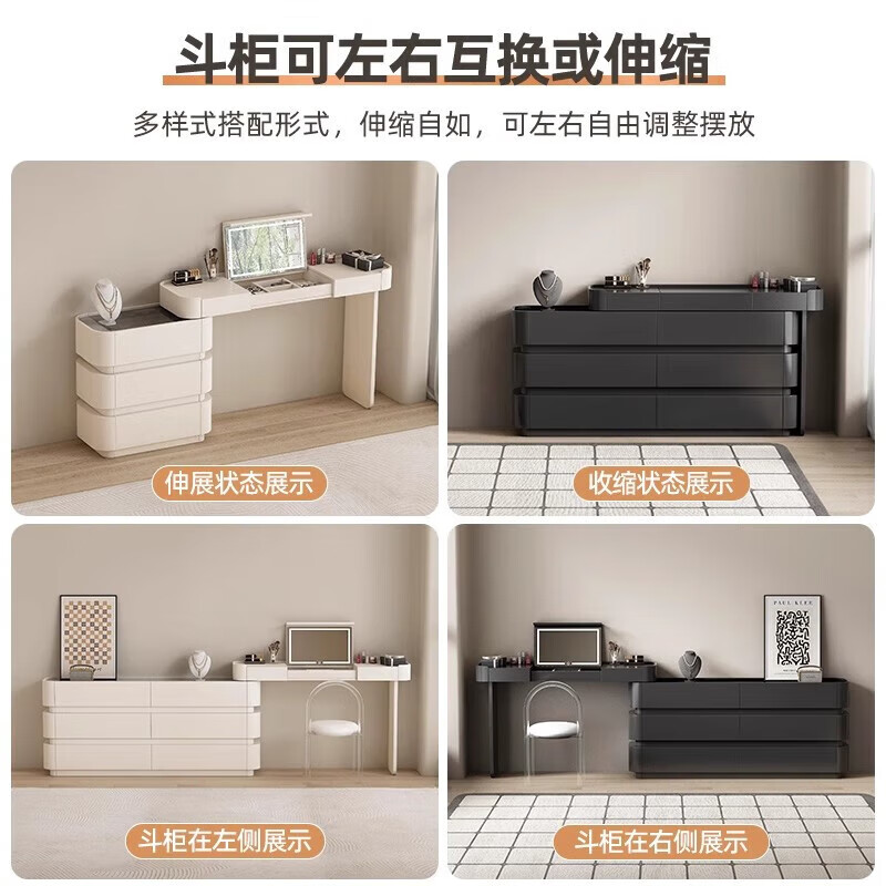 He Guan solid wood retractable bedroom desk and dresser integrated L-shaped cream style French bedside cabinet flip-top makeup mirror with light cabinet light strip-1.2 meter cabinet-ENF all solid wood