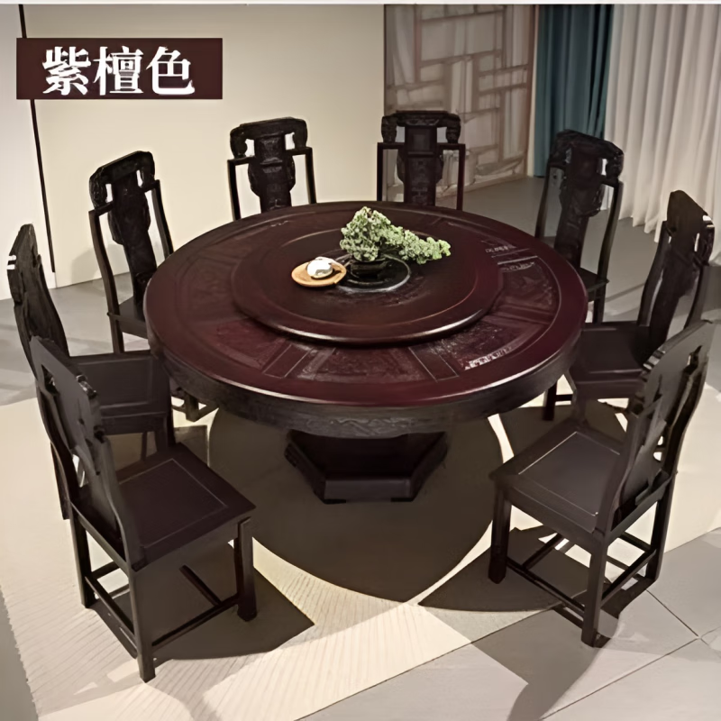 Macron Guangdong Foshan all solid wood dining table antique carved gold rosewood large round table with turntable for 10 people, walnut color, free turntable + tempered glass, 2.0 meters, 1 table + 12 elephant head chairs