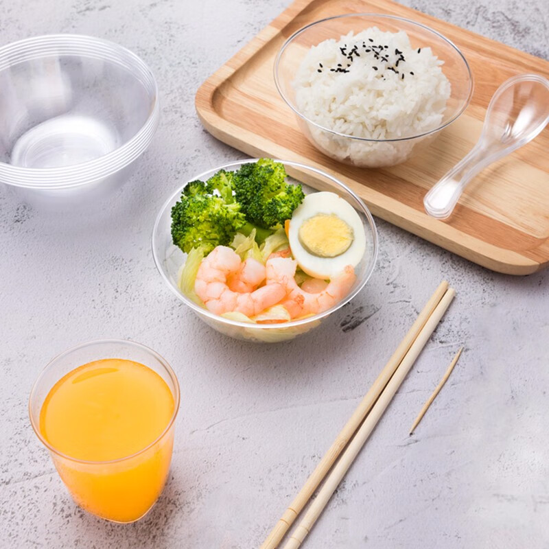 Petunia disposable crystal bowl cup set plastic plate transparent flavor plate sauce plate hard plastic hot pot rice bowl aviation bowl 300ml crystal bowl + chopsticks 100 sets disposable tableware