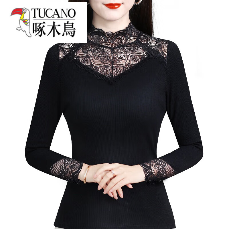 Woodpecker (TUCANO) Lace Bottoming Shirt Women's Autumn and Winter Fashionable and Western 2025 New Long-Sleeved Inner Warm Shirt Plus Velvet Thickened Top Black Lace Plus Velvet L