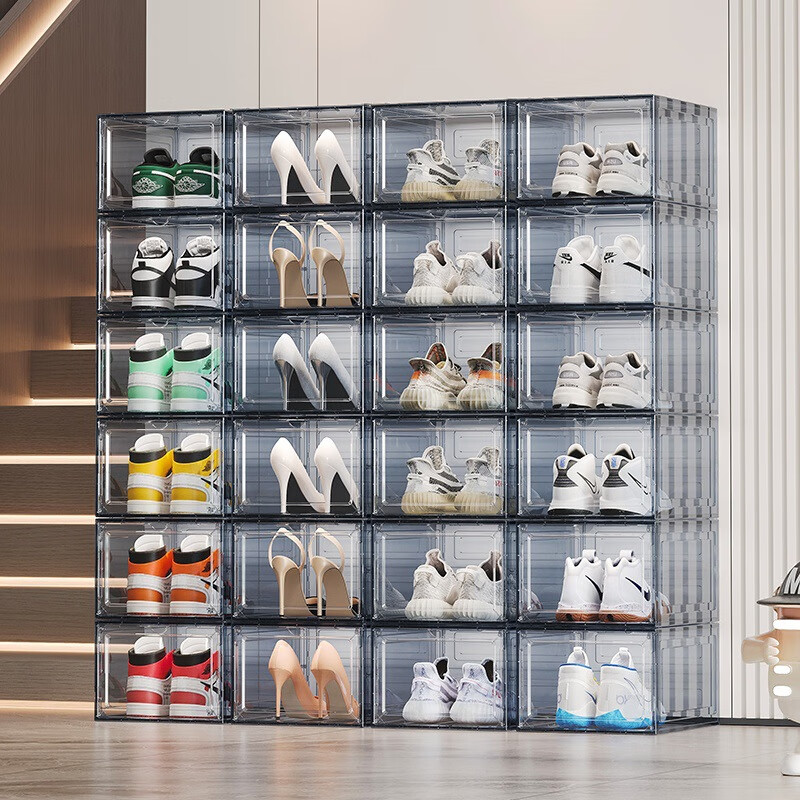 Nature House Shoe Box Transparent Magnetic Hard Sneaker Storage Box Doorway Entry Shoe Cabinet Acrylic Shoe Storage Artifact Shoe Rack Transparent Black 4 Pack Buckle Connection/Magnetic Opening and Closing