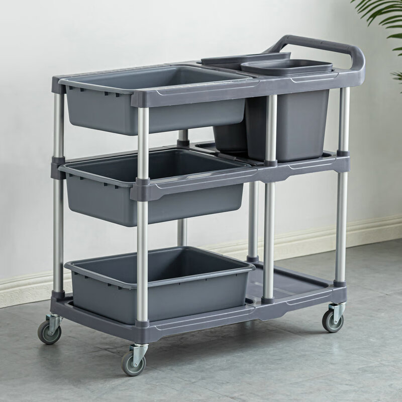 Pusheng hotel dining cart three-story retractable dining cart bowl collection cart with trash can multi-functional plastic restaurant hotel cart WD100 3 basins 2 barrels 96cm*47cm*88cm
