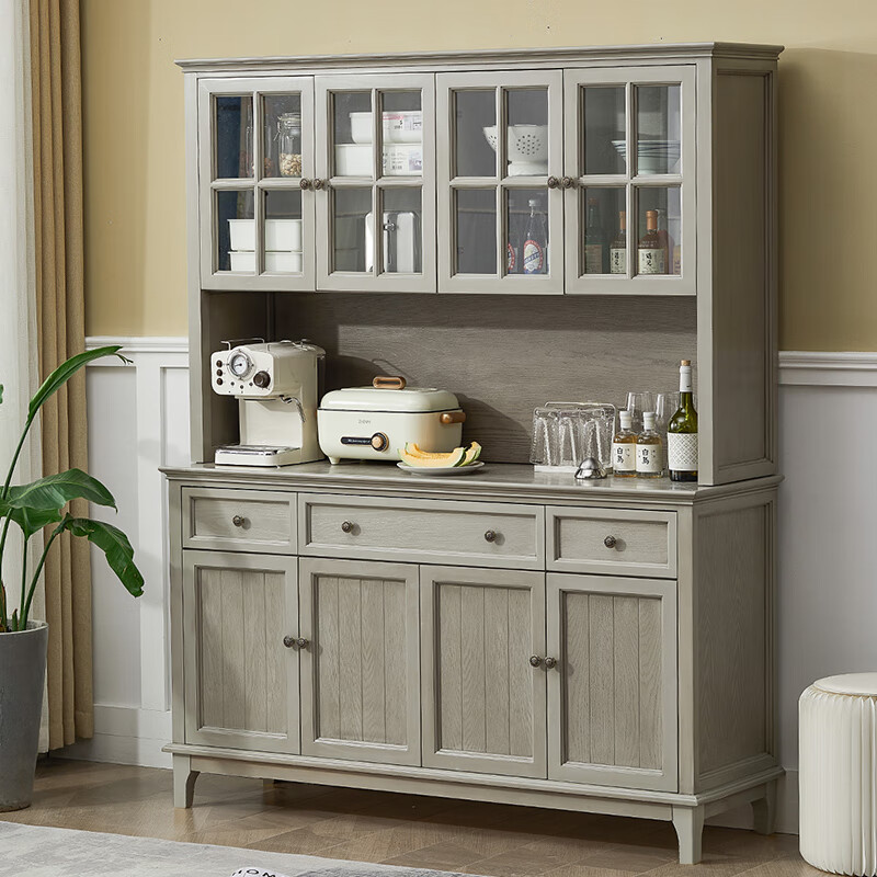 Jiumu Jiumei solid wood sideboard integrated wall high cabinet home living room multi-functional tea cabinet wine cabinet side cabinet storage storage cabinet 155cm upper and lower combination two-color