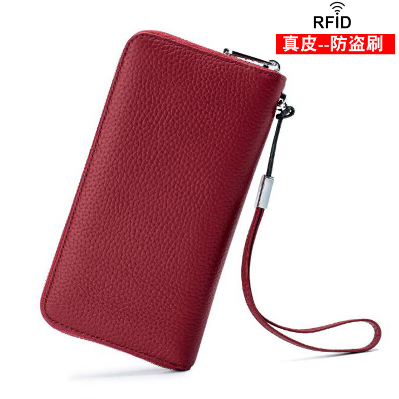 SHARELOVE genuine leather anti-theft brush anti-degaussing wallet men and women long zipper yellow lucky bag multi-card slot card bag mobile phone bag burgundy