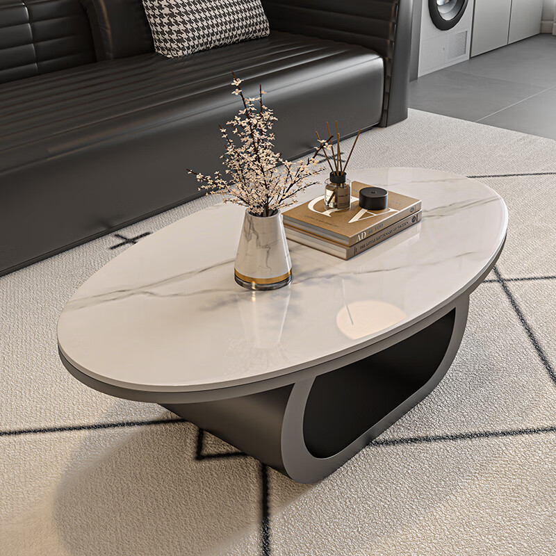 Seaworthy new living room coffee table small apartment simple home modern light luxury high-end Internet celebrity tea table black coffee table slate black frame oval glossy white slate 100