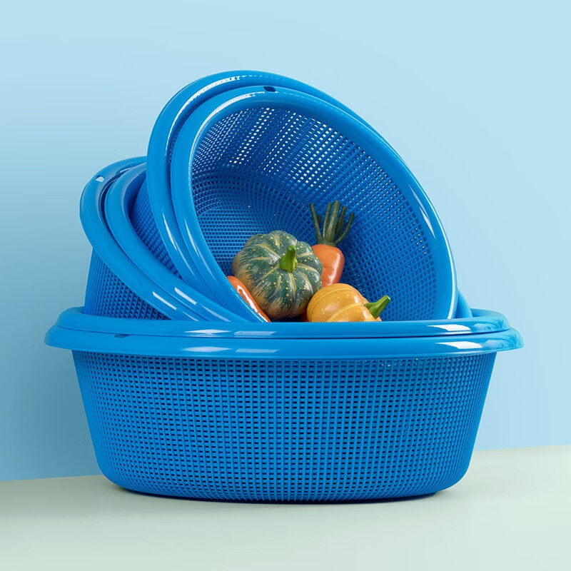 Camellia Lehui round sieve plastic basket round thickened vegetable basket storage large organizer kitchen drain blue household red 35.8CM