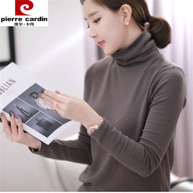 Pierre Cardin pure cotton turtleneck bottoming shirt for women 2025 autumn and winter new style women's fit pile collar inner long-sleeved T-shirt top for women light brown pure cotton long-sleeved T-shirt XL 115-130 catties