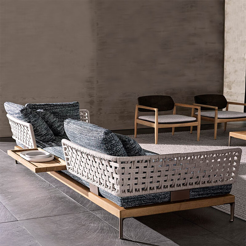 Zhejun outdoor courtyard garden leisure solid wood sofa furniture rattan chair villa hotel open-air sun room coffee table combination teak style-combination 1