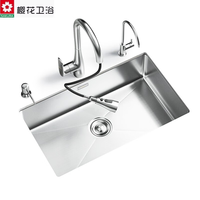 Sakura kitchen sink handmade 304 stainless steel sink large single-slot under-counter basin household vegetable sink A high configuration 380*300 with 304 curved faucet