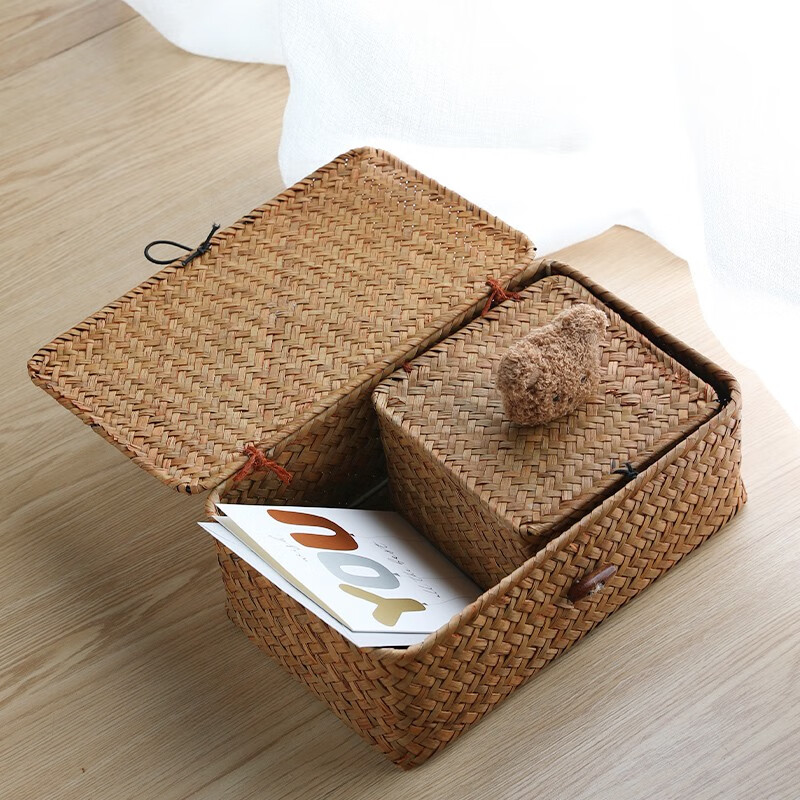 Ken s desktop storage box rattan straw gift box with lid dustproof sundry basket creative gift box jewelry box bear style orange rectangular large size