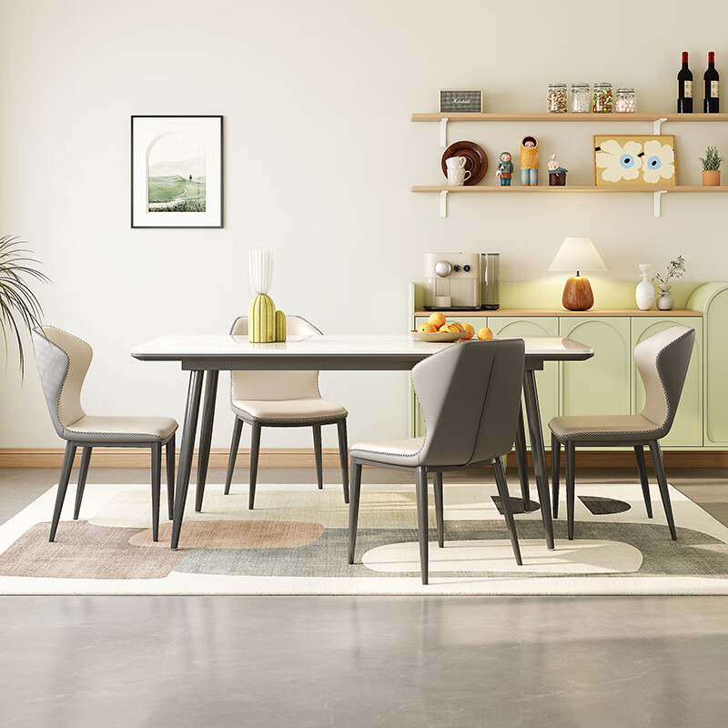 Romantic element full base natural slate dining table bright pure white home small apartment minimalist light luxury family dining table table four chairs (solid wood fiber full base) 130cm *80cm*75cm