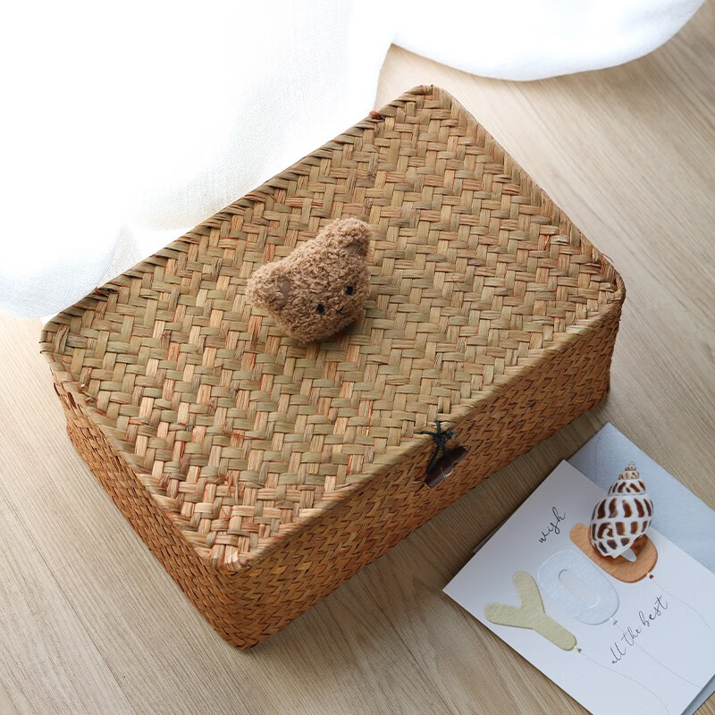 Ken s desktop storage box rattan straw gift box with lid dustproof sundry basket creative gift box jewelry box bear style orange rectangular large size